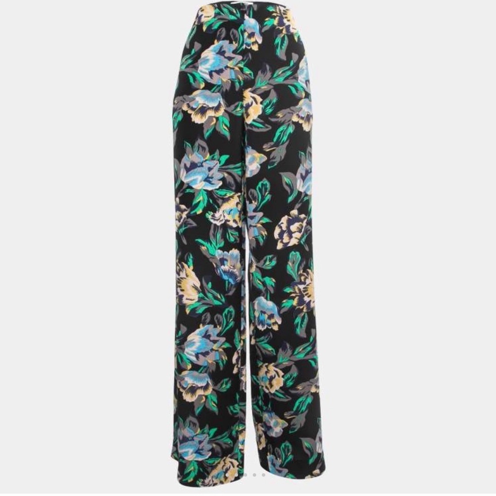 Floral Wide-Leg Pants - Black with Blue & Green Floral